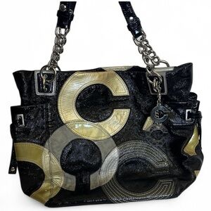 Coach Vintage “C” Signature Inlaid Black Gray Gold Patent Leather Peyton Tote